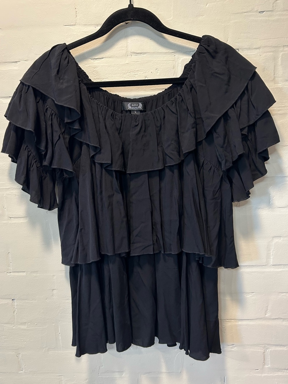 A.Z.I. New York Black Ruffle Off Shoulder Blouse Size Large Gothic Boho